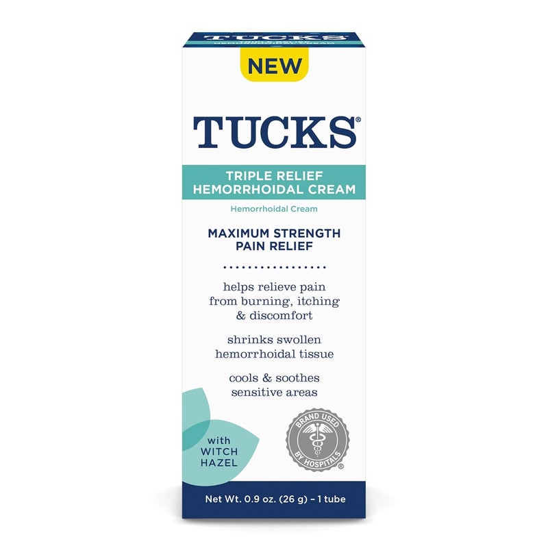 Tucks كريم هيموريدال ثلاثي الإغاثة، أقصى قوة لتخفيف الألم من الحرق، الحكة والانزعاج، مع هازيل الساحرة، علاج، علامة تجارية تستخدمها المستشفيات، 0.9 أونصة (26 جرام) - Image 1